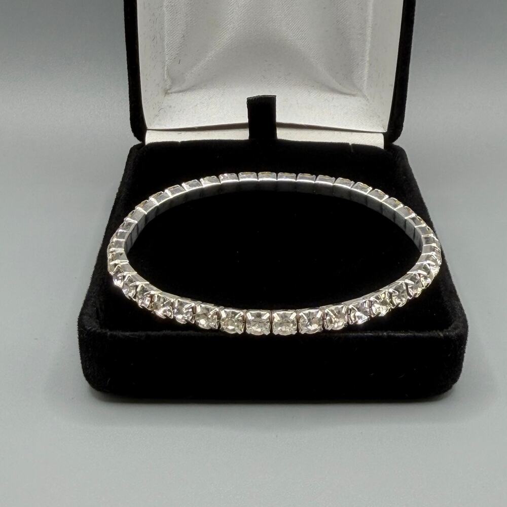 Vintage Silver Rhinestone Tennis Stretch Bangle Bracelet